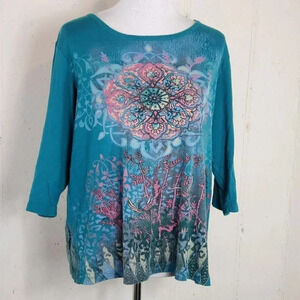 Essential XL Boho hippi print‎ 3/4 sleeve blue top